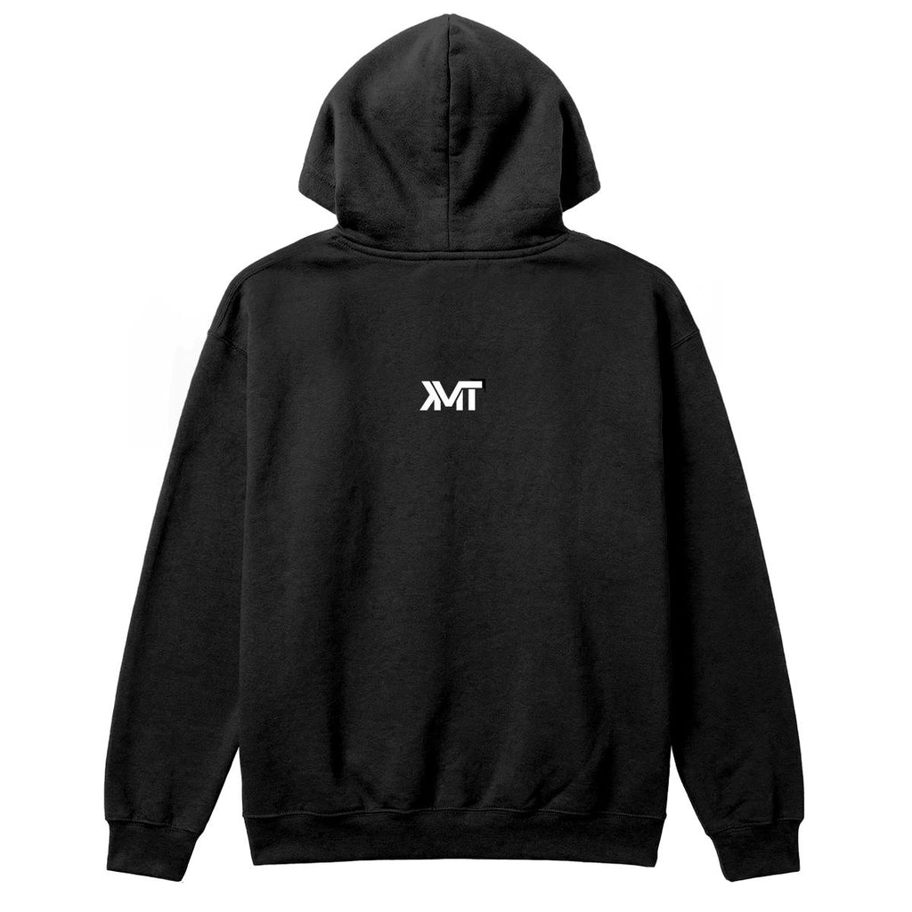 Black hoodie back view with KMT neck logo