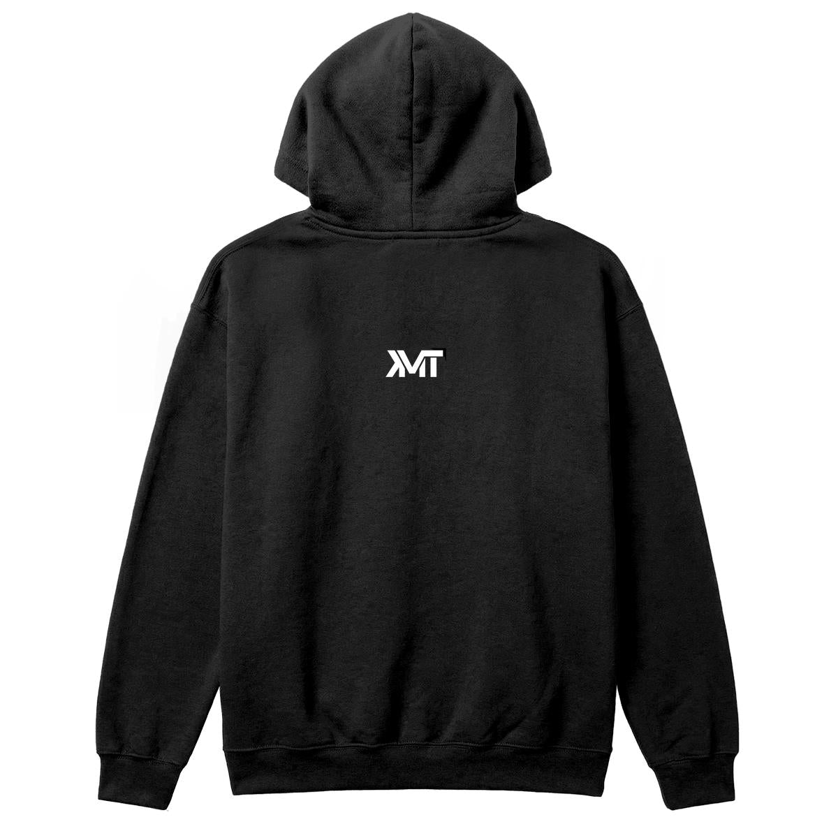 Black hoodie back view with KMT neck logo
