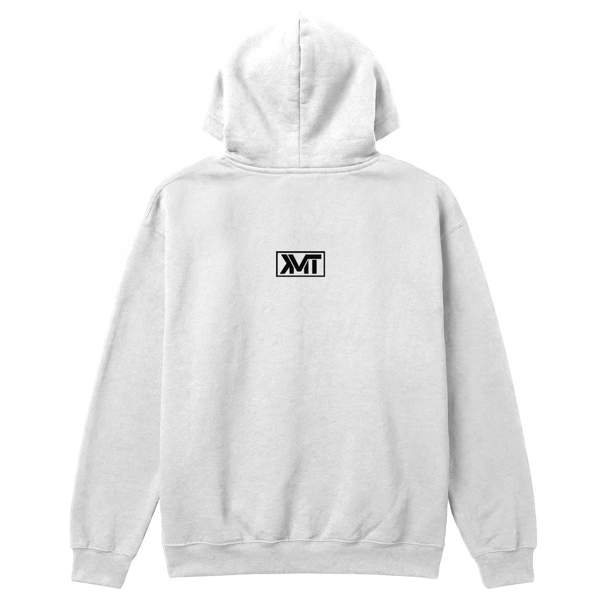 White hoodie back view with KMT neck logo
