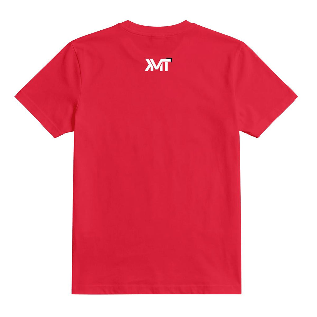 Red tee back view with KMT neck logo