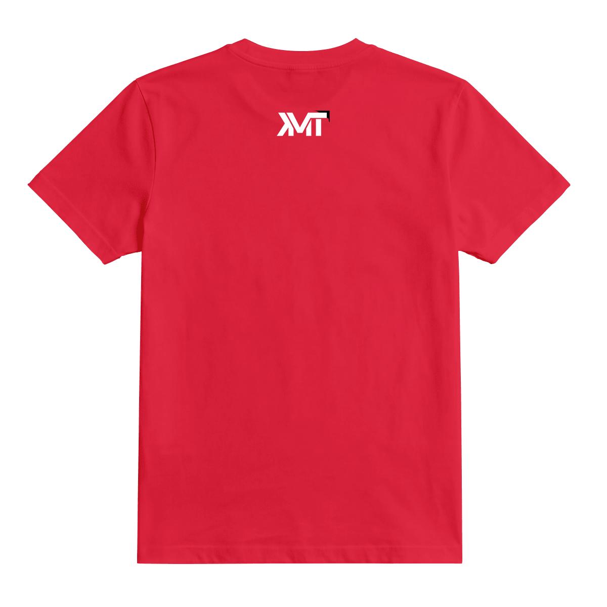 Red tee back view with KMT neck logo