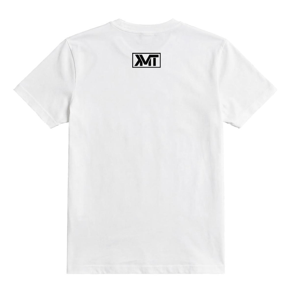 White tee back view with KMT neck logo