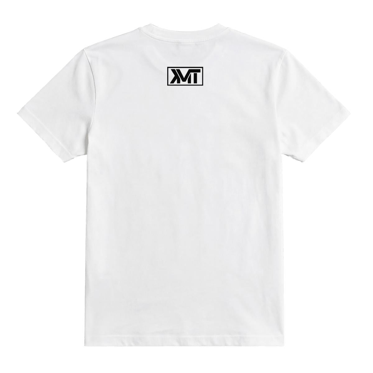 White tee back view with KMT neck logo