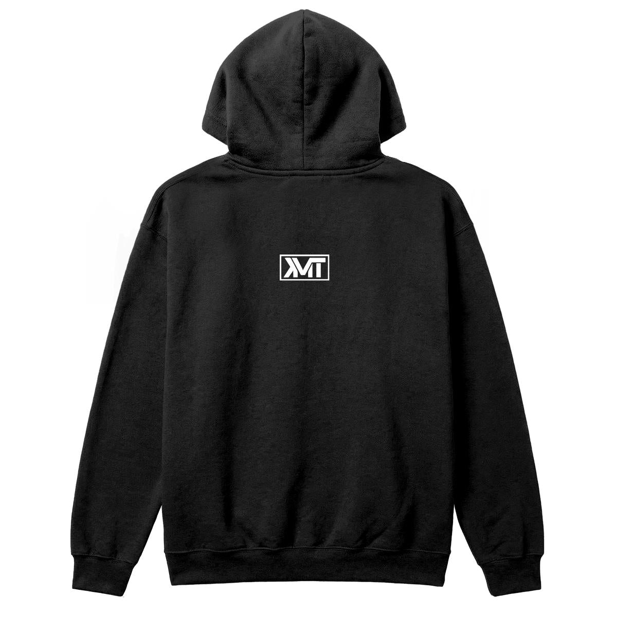 Elegant black Gildan 18500 hoodie — original boxed KMT back print, Printeez production mockup