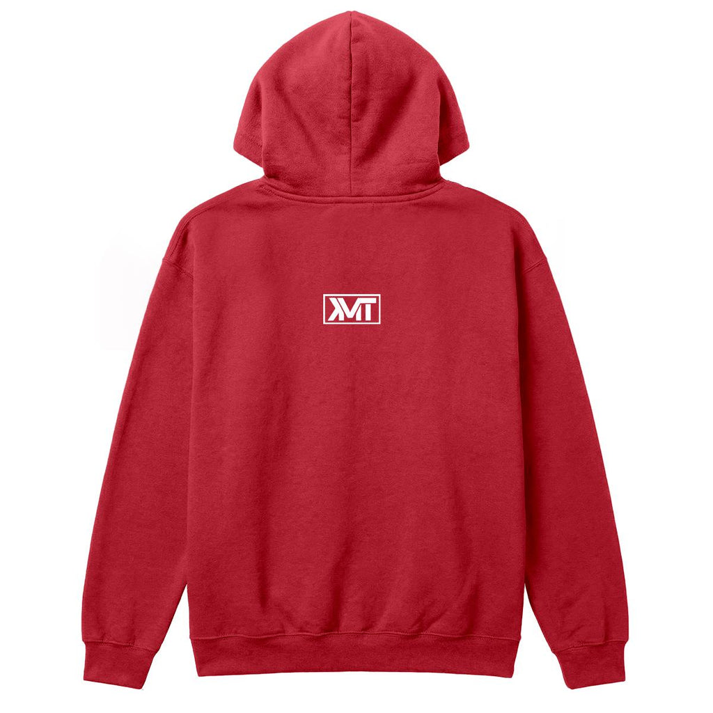 Elegant red Gildan 18500 hoodie — original boxed KMT back print, Printeez production mockup