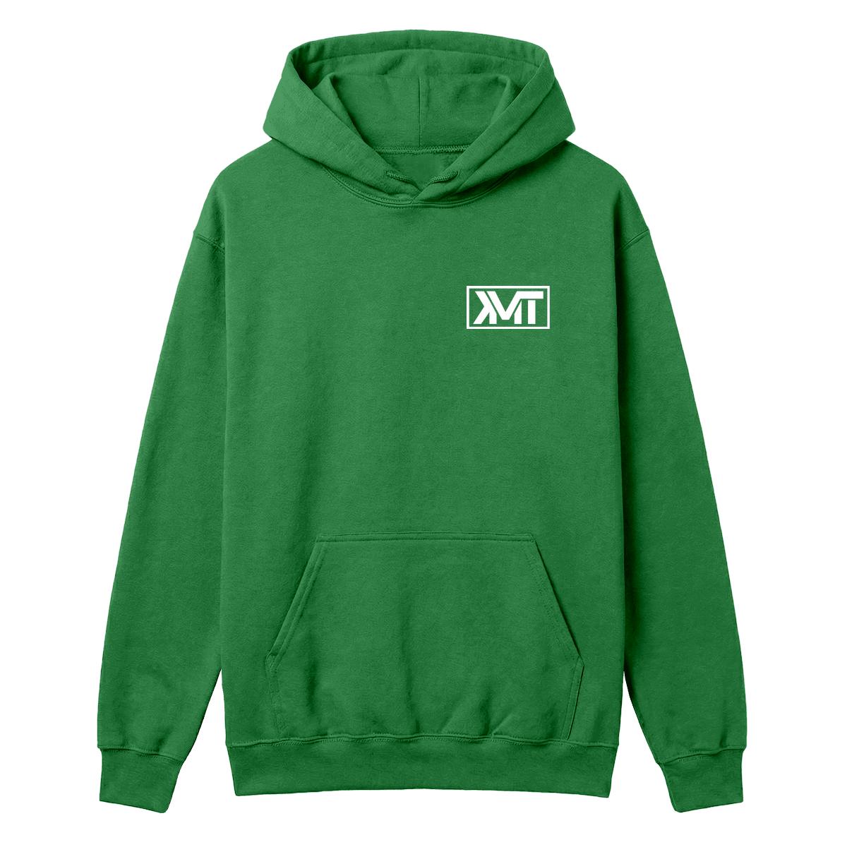 Self Made Self Paid Irish Green hoodie with white KMT chest logo — current Printeez front mockup